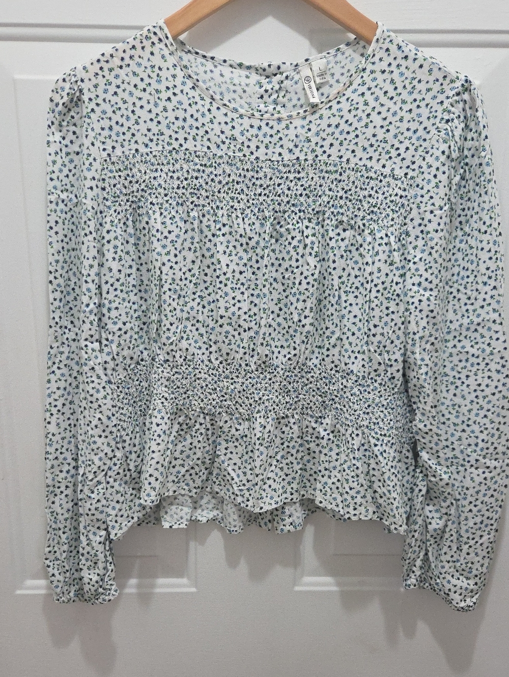 Versona White Babydoll Blouse with Blue & Green Floral Print L